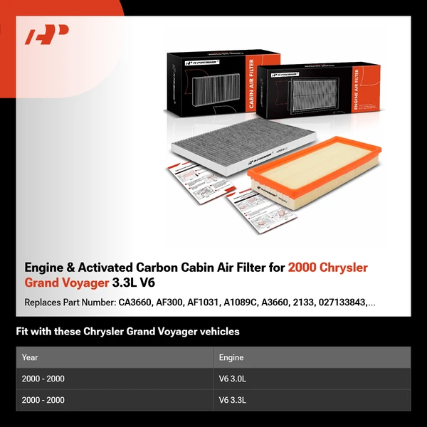 Engine & Activated Carbon Cabin Air Filter for 2000 Chrysler Grand Voyager 3.3L V6