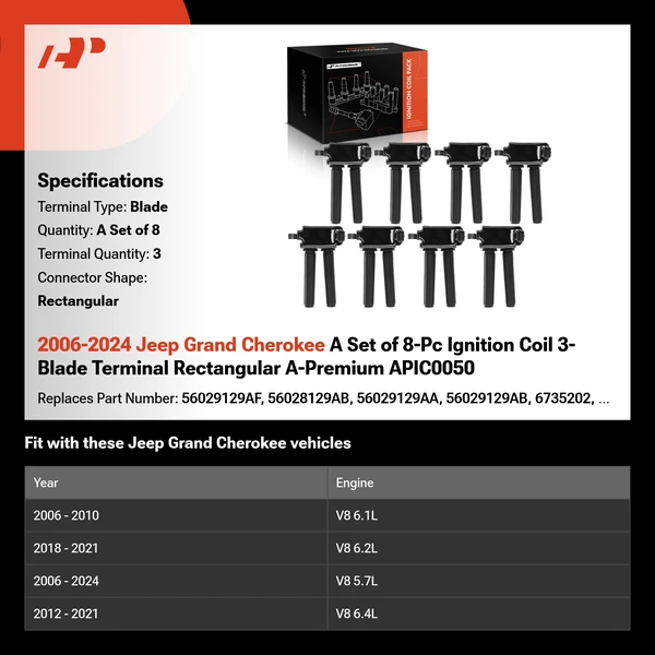 2006-2024 Jeep Grand Cherokee A Set of 8-Pc Ignition Coil 3-Blade Terminal Rectangular A-Premium APIC0050