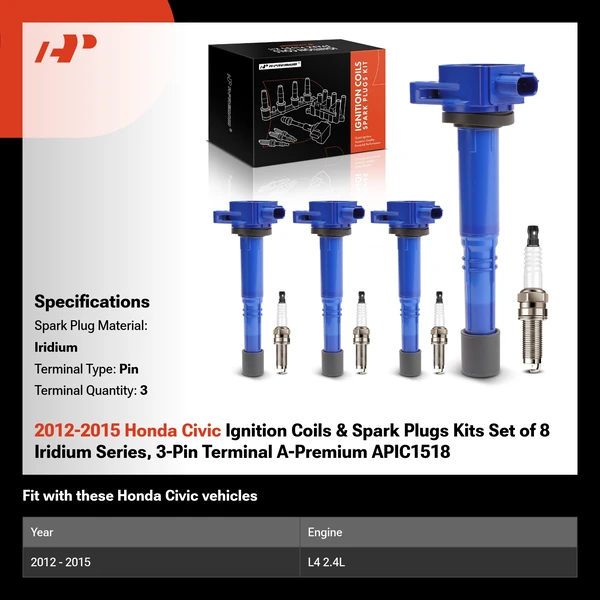 2012-2015 Honda Civic Ignition Coils & Spark Plugs Kits Set of 8 Iridium Series, 3-Pin Terminal A-Premium APIC1518