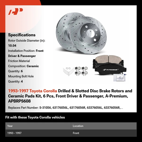 1993-1997 Toyota Corolla Drilled & Slotted Disc Brake Rotors and Ceramic Pads Kit, 6 Pcs, Front Driver & Passenger, A-Premium, APBRPS608