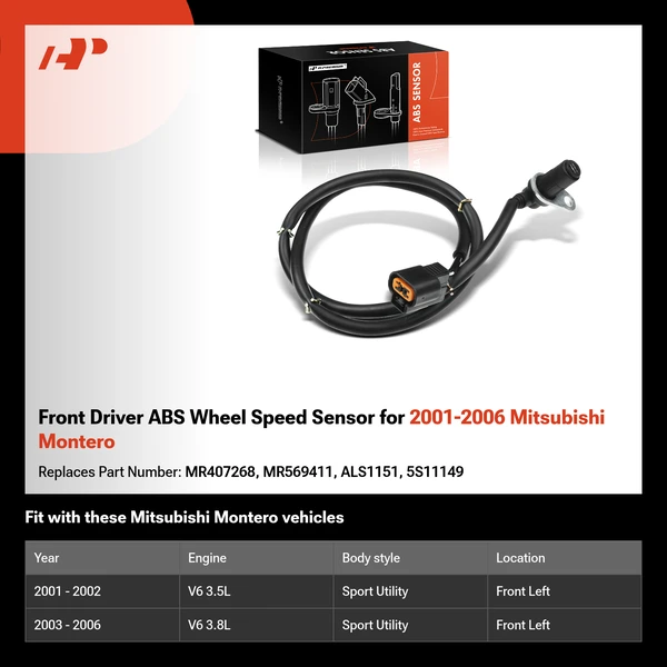Front Driver ABS Wheel Speed Sensor for 2001-2006 Mitsubishi Montero