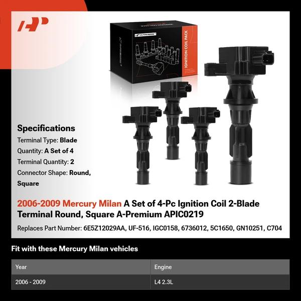2006-2009 Mercury Milan A Set of 4-Pc Ignition Coil 2-Blade Terminal Round, Square A-Premium APIC0219