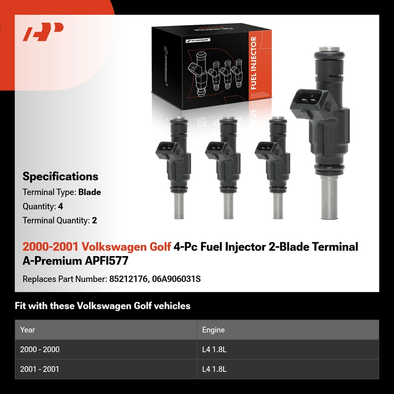 2000-2001 Volkswagen Golf 4-Pc Fuel Injector 2-Blade Terminal A-Premium APFI577