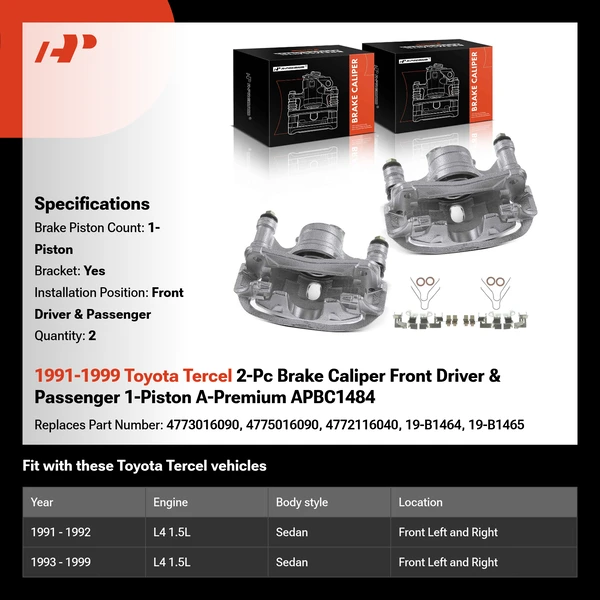 1991-1999 Toyota Tercel 2-Pc Brake Caliper Front Driver & Passenger 1-Piston A-Premium APBC1484