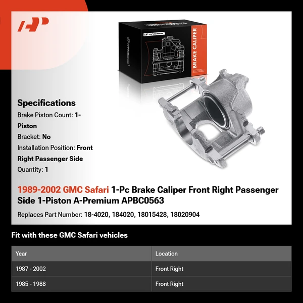 1989-2002 GMC Safari 1-Pc Brake Caliper Front Right Passenger Side 1-Piston A-Premium APBC0563