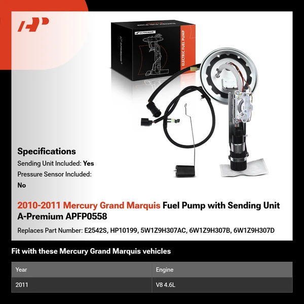 2010-2011 Mercury Grand Marquis Fuel Pump with Sending Unit A-Premium APFP0558