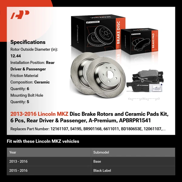 2013-2016 Lincoln MKZ Disc Brake Rotors and Ceramic Pads Kit, 6 Pcs, Rear Driver & Passenger, A-Premium, APBRPR1541