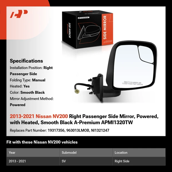 2013-2021 Nissan NV200 Right Passenger Side Mirror, Powered, with Heated, Smooth Black A-Premium APMI1320TW
