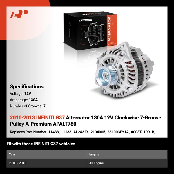 2010-2013 INFINITI G37 Alternator 130A 12V Clockwise 7-Groove Pulley A-Premium APALT780