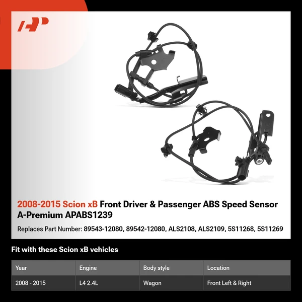 2008-2015 Scion xB Front Driver & Passenger ABS Speed Sensor A-Premium APABS1239