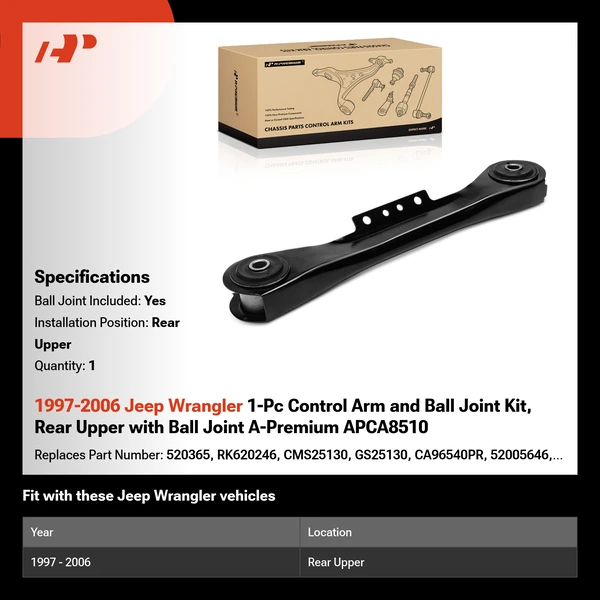 1997-2006 Jeep Wrangler 1-Pc Control Arm and Ball Joint Kit, Rear Upper with Ball Joint A-Premium APCA8510