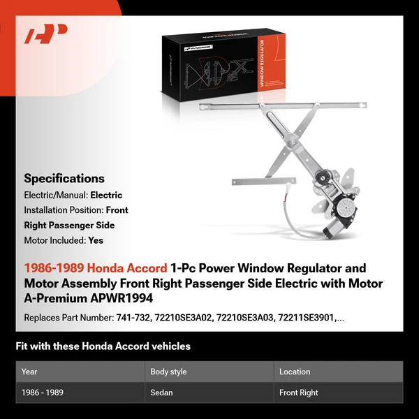 1986-1989 Honda Accord 1-Pc Power Window Regulator and Motor Assembly Front Right Passenger Side Electric with Motor A-Premium APWR1994