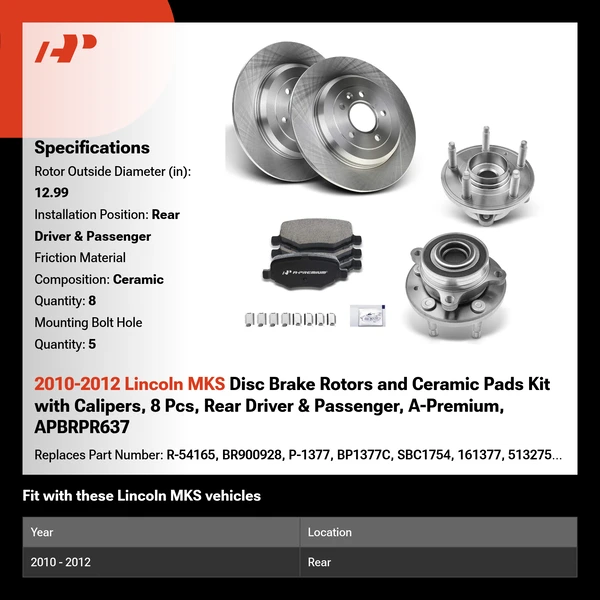 2010-2012 Lincoln MKS Disc Brake Rotors and Ceramic Pads Kit with Calipers, 8 Pcs, Rear Driver & Passenger, A-Premium, APBRPR637
