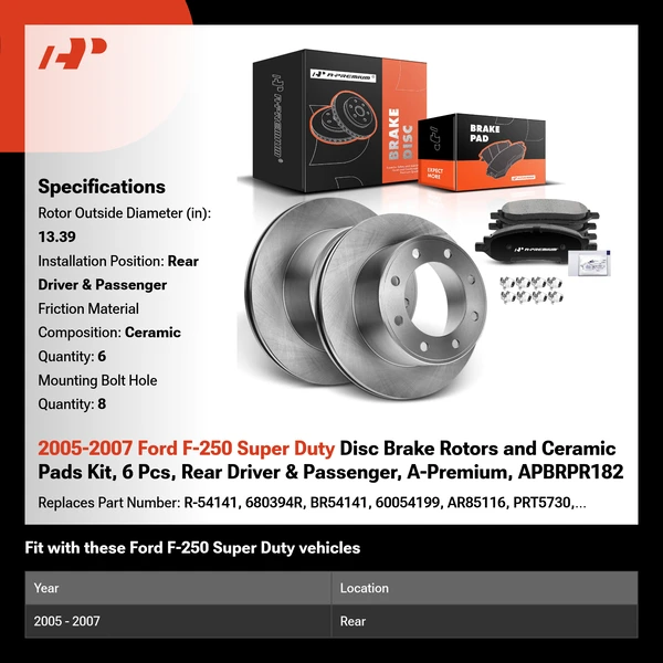 2005-2007 Ford F-250 Super Duty Disc Brake Rotors and Ceramic Pads Kit, 6 Pcs, Rear Driver & Passenger, A-Premium, APBRPR182