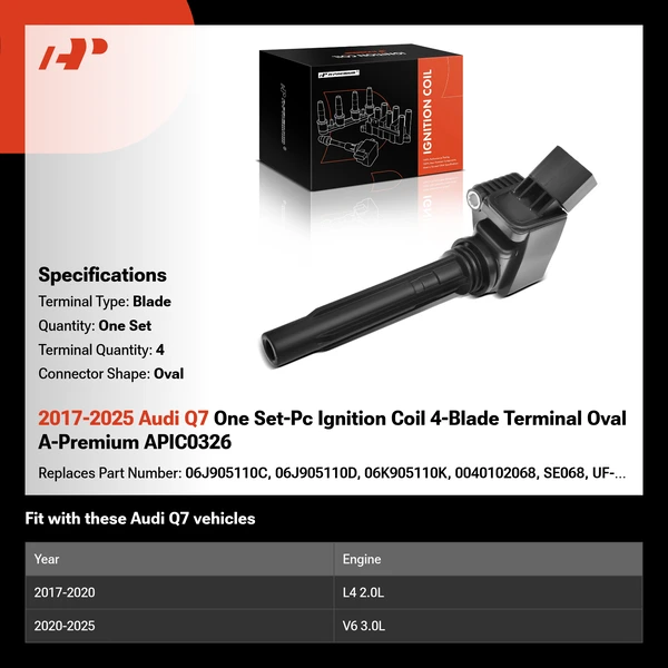 2017-2025 Audi Q7 One Set-Pc Ignition Coil 4-Blade Terminal Oval A-Premium APIC0326