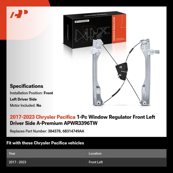 2017-2023 Chrysler Pacifica 1-Pc Window Regulator Front Left Driver Side A-Premium APWR3396TW
