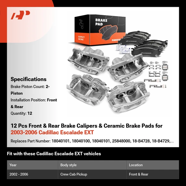 12 Pcs Front & Rear Brake Calipers & Ceramic Brake Pads for 2003-2006 Cadillac Escalade EXT