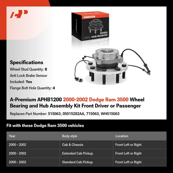 A-Premium APHB1200 2000-2002 Dodge Ram 3500 Wheel Bearing and Hub Assembly Kit Front Driver or Passenger