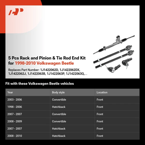 5 Pcs Rack and Pinion & Tie Rod End Kit for 1998-2010 Volkswagen Beetle