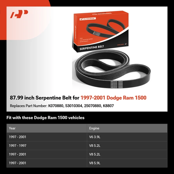 87.99 inch Serpentine Belt for 1997-2001 Dodge Ram 1500