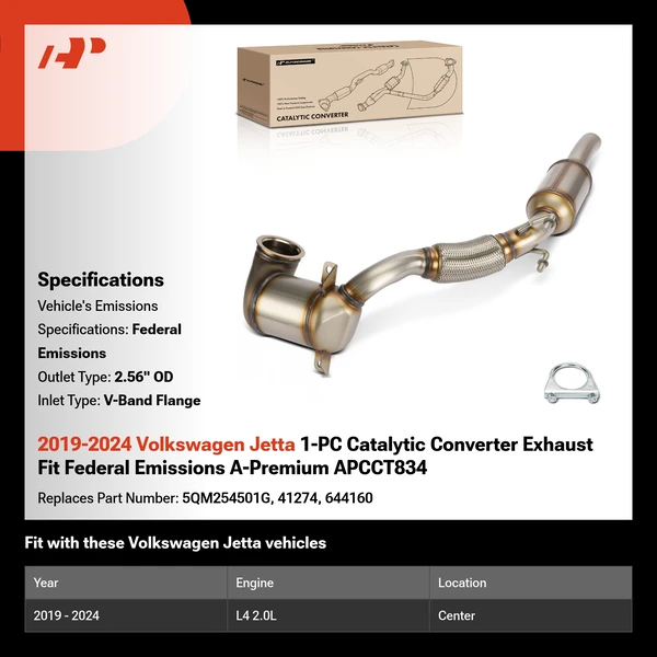 2019-2024 Volkswagen Jetta 1-PC Catalytic Converter Exhaust Fit Federal Emissions A-Premium APCCT834