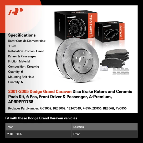 2001-2005 Dodge Grand Caravan Disc Brake Rotors and Ceramic Pads Kit, 6 Pcs, Front Driver & Passenger, A-Premium, APBRPR1738