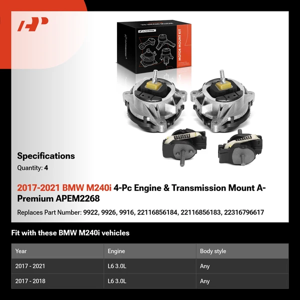 2017-2021 BMW M240i 4-Pc Engine Motor & Transmission Mount Kit Left & Right & Front A-Premium APEM2268
