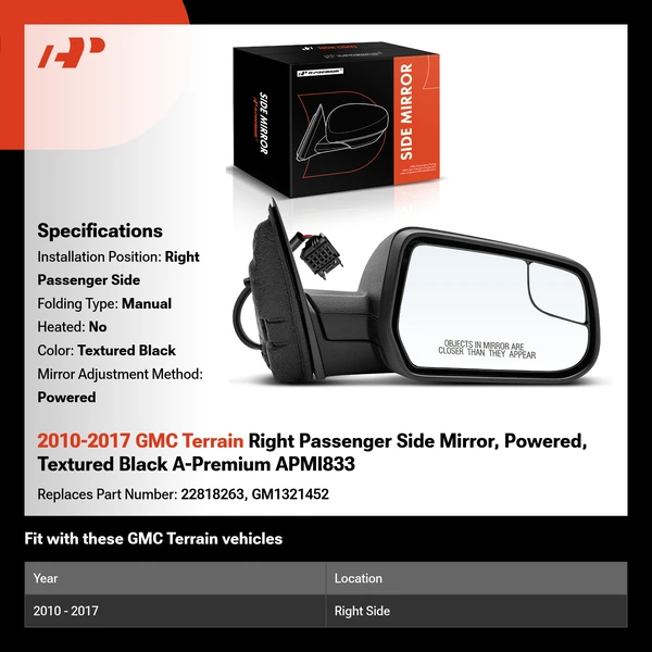 2010-2017 GMC Terrain Right Passenger Side Mirror, Powered, Textured Black A-Premium APMI833