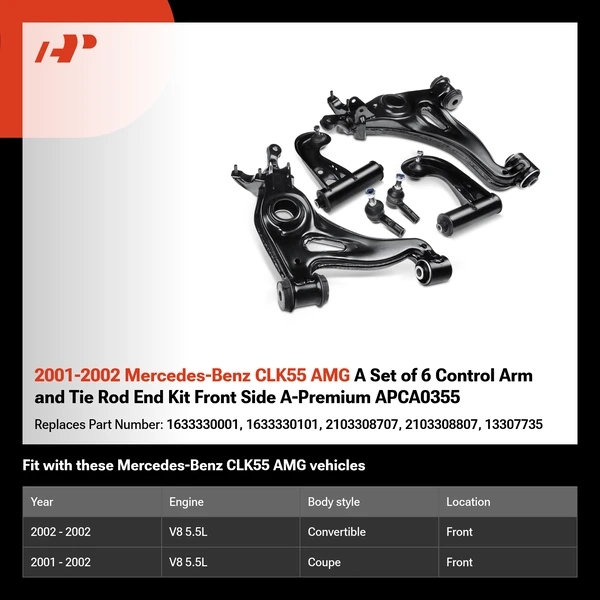 2001-2002 Mercedes-Benz CLK55 AMG A Set of 6 Control Arm and Tie Rod End Kit Front Side A-Premium APCA0355