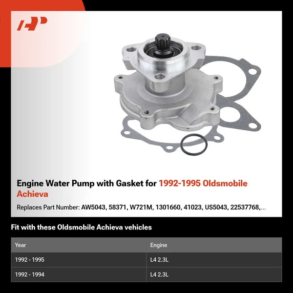 Engine Water Pump with Gasket for 1992-1995 Oldsmobile Achieva