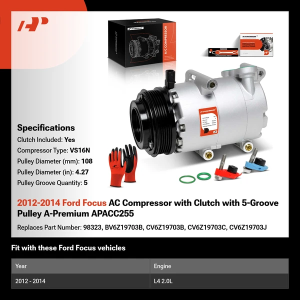 2012-2014 Ford Focus AC Compressor with Clutch with 5-Groove Pulley A-Premium APACC255