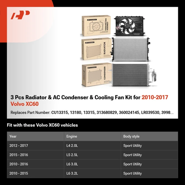 3 Pcs Radiator & AC Condenser & Cooling Fan Kit for 2010-2017 Volvo XC60