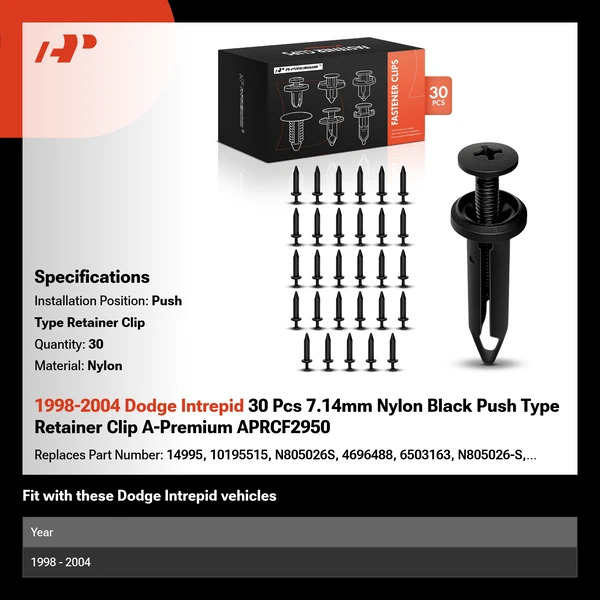 1998-2004 Dodge Intrepid 30 Pcs 7.14mm Nylon Black Push Type Retainer Clip A-Premium APRCF2950