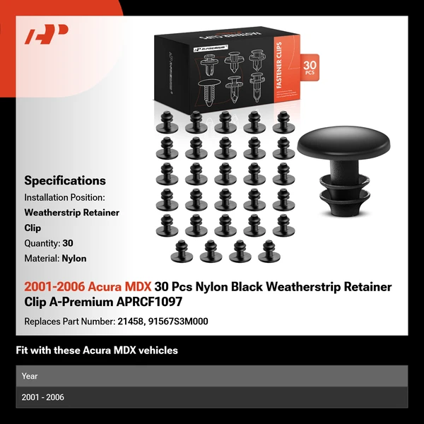 2001-2006 Acura MDX 30 Pcs Nylon Black Weatherstrip Retainer Clip A-Premium APRCF1097