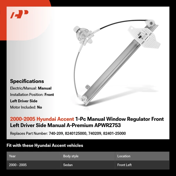 2000-2005 Hyundai Accent 1-Pc Manual Window Regulator Front Left Driver Side Manual A-Premium APWR2753