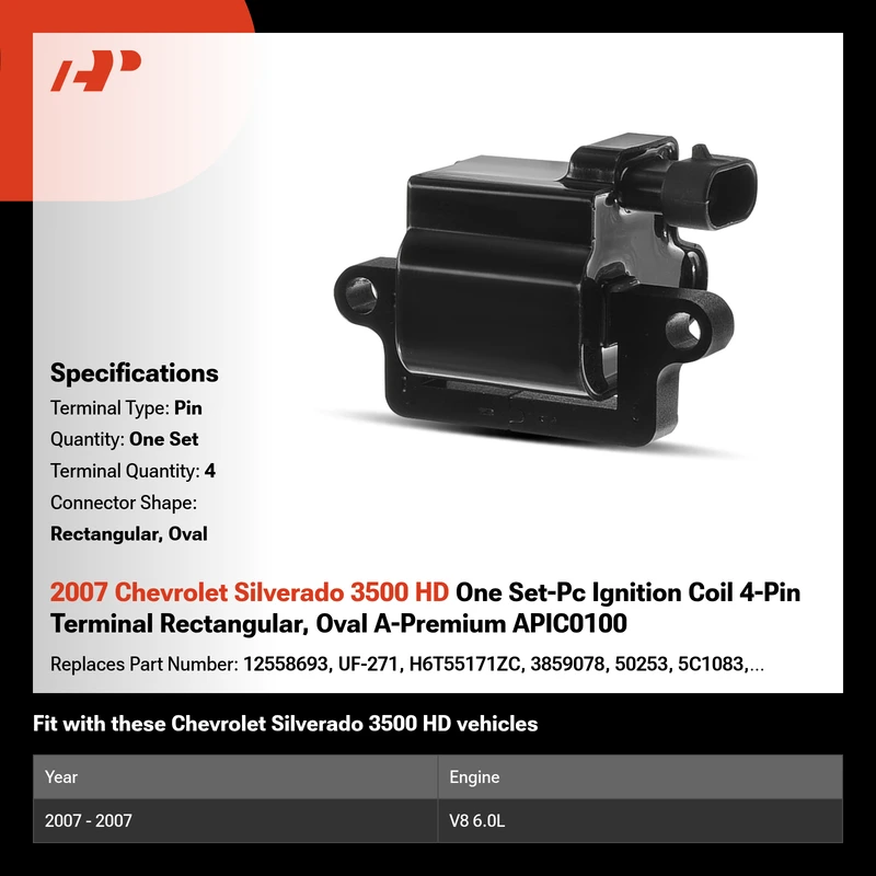 2007 Chevrolet Silverado 3500 HD One Set-Pc Ignition Coil 4-Pin Terminal Rectangular, Oval A-Premium APIC0100