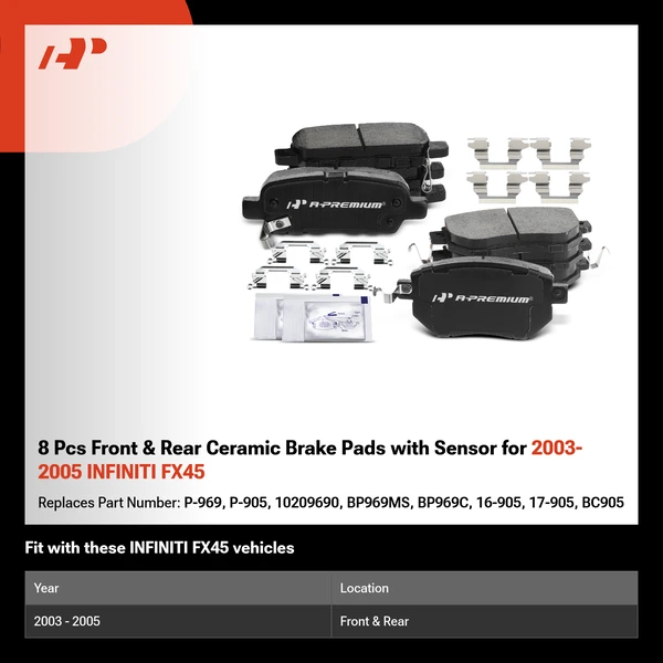 8 Pcs Front & Rear Ceramic Brake Pads with Sensor for 2003-2005 INFINITI FX45