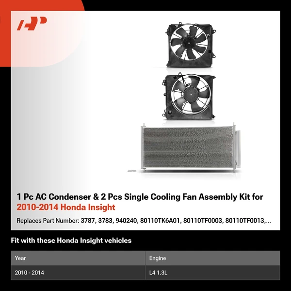 1 Pc AC Condenser & 2 Pcs Single Cooling Fan Assembly Kit for 2010-2014 Honda Insight