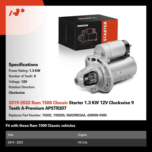 2019-2022 Ram 1500 Classic Starter 1.3 KW 12V Clockwise 9 Teeth A-Premium APSTR207