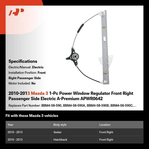2010-2013 Mazda 3 1-Pc Power Window Regulator Front Right Passenger Side Electric A-Premium APWR0642
