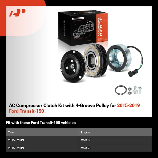 AC Compressor Clutch Kit with 4-Groove Pulley for 2015-2019 Ford Transit-150