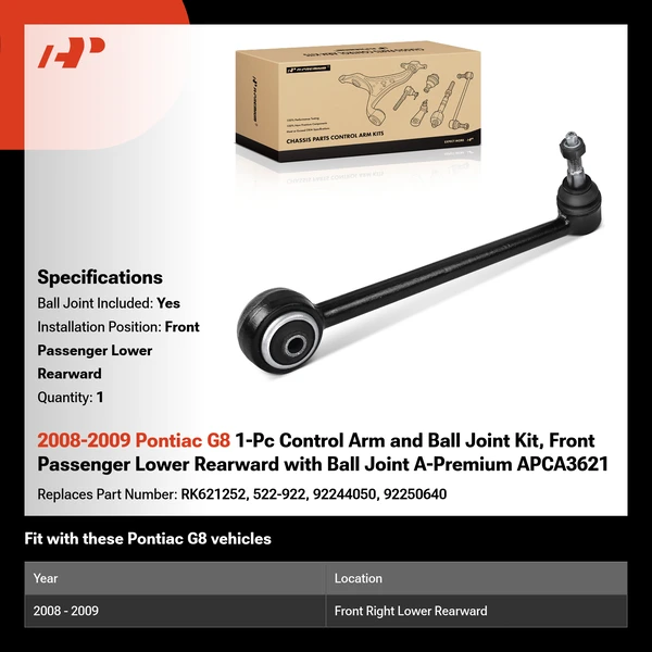 2008-2009 Pontiac G8 1-Pc Control Arm and Ball Joint Kit, Front Passenger Lower Rearward with Ball Joint A-Premium APCA3621