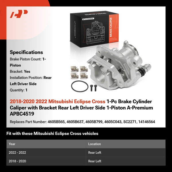 2018-2020 2022 Mitsubishi Eclipse Cross 1-Pc Brake Cylinder Caliper with Bracket Rear Left Driver Side 1-Piston A-Premium APBC4519