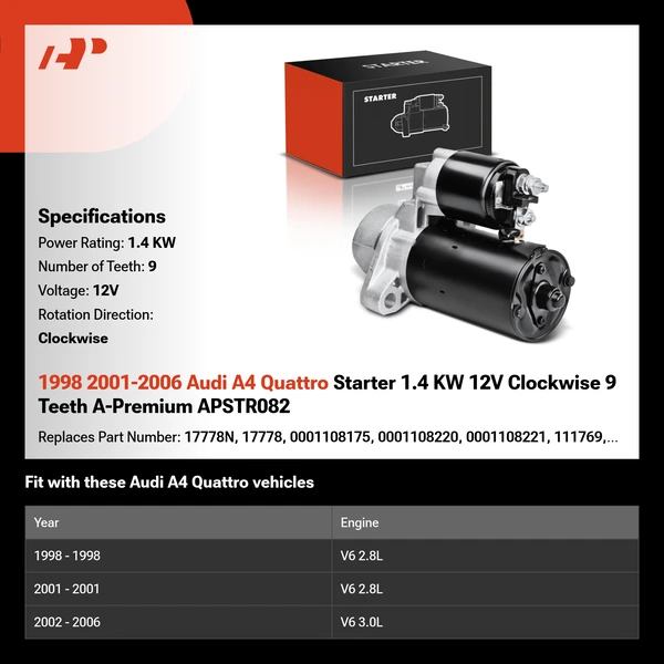 1998 2001-2006 Audi A4 Quattro Starter 1.4 KW 12V Clockwise 9 Teeth A-Premium APSTR082