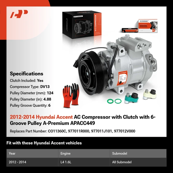 2012-2014 Hyundai Accent AC Compressor with Clutch with 6-Groove Pulley A-Premium APACC449