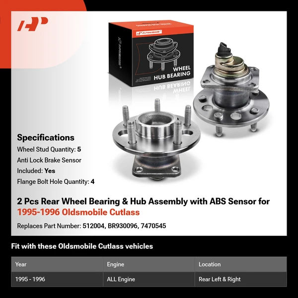 2 Pcs Rear Wheel Bearing & Hub Assembly with ABS Sensor for 1995-1996 Oldsmobile Cutlass