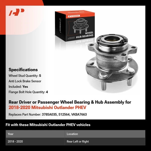 Rear Driver or Passenger Wheel Bearing & Hub Assembly for 2018-2020 Mitsubishi Outlander PHEV