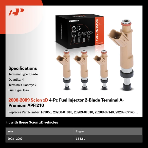 2008-2009 Scion xD 4-Pc Fuel Injector 2-Blade Terminal A-Premium APFI210