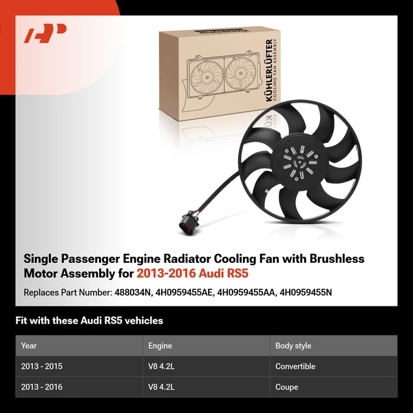 Single Passenger Engine Radiator Cooling Fan with Brushless Motor Assembly for 2013-2016 Audi RS5