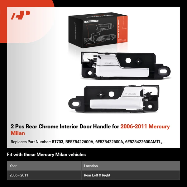 2 Pcs Rear Chrome Interior Door Handle for 2006-2011 Mercury Milan